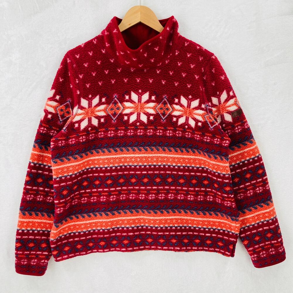 LL Bean Fleece Sweater Womens XL Cozy Cottage Funnel Neck Fair Isle Pullover Red